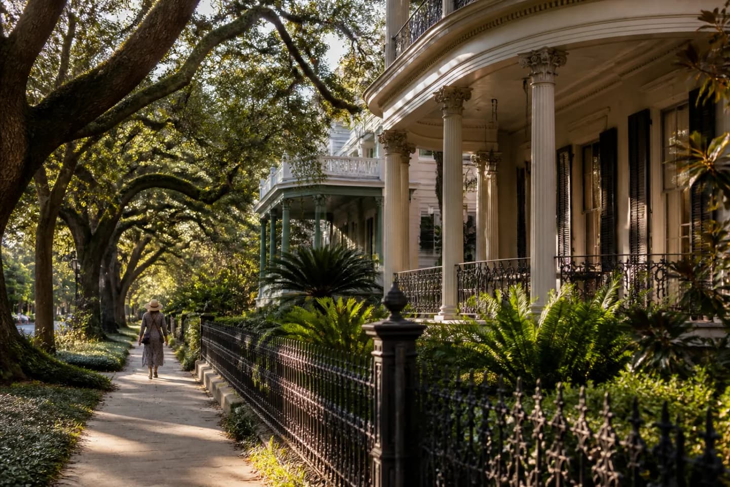 Live oaks arching over a quiet Garden District street