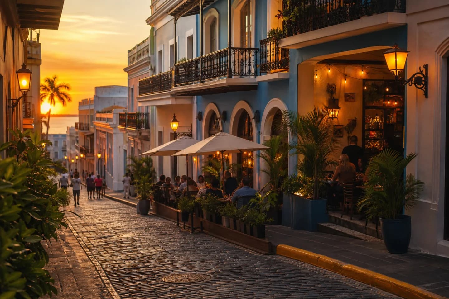 A warmly lit tavern terrace on a colorful Old San Juan street
